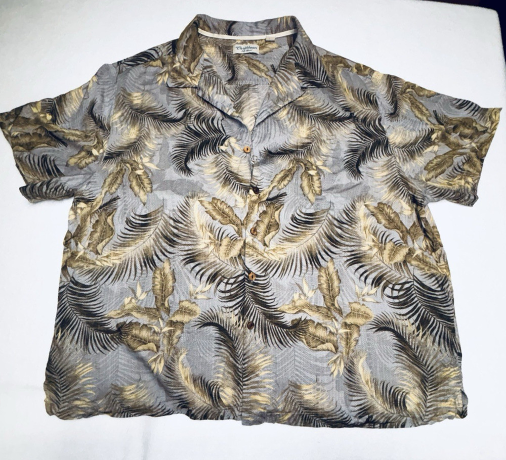 3XB Caribbean Shirt Green Fronds Gray Short Sleeve Silk Blend Camp Hawaiian